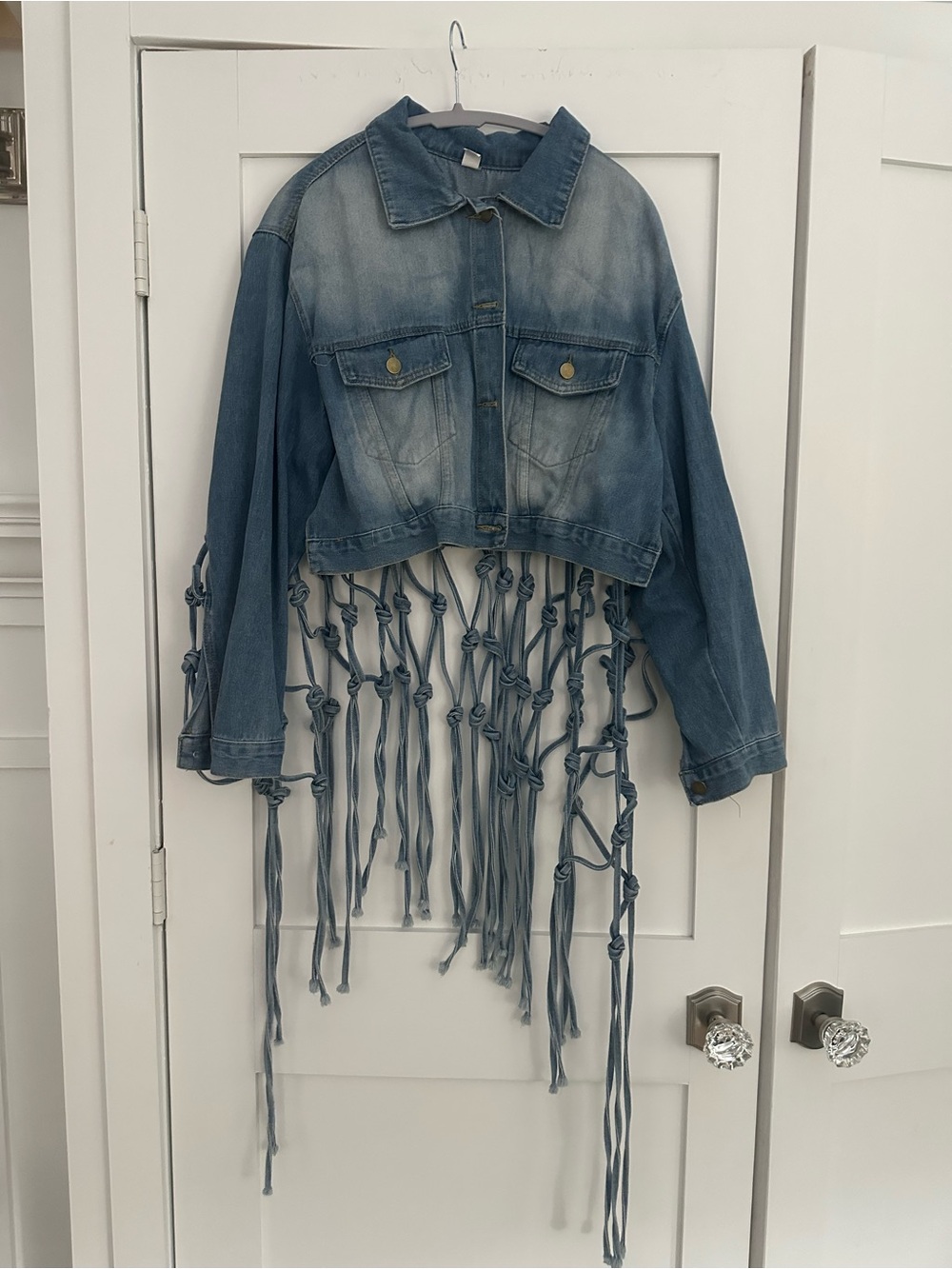 Frayed Rope-Back Denim Jacket - Light Blue - Picture 2 of 6